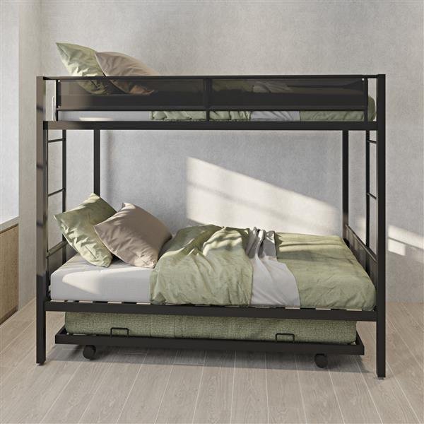 Metal bunk bed with Trundle/ Sturdy Metal Frame/ Noise-Free Wood Slats/ Comfortable Textilene Guardrail/ 2 side Ladders/ Space-Saving Trundle/ Bunk Be Metal bunk bed with Trundle/ Sturdy Metal Frame/ Noise-Free Wood Slats/ Comfortable Textilene Guardrail/ 2 side Ladders/ Space-Saving Trundle/ Bunk Be