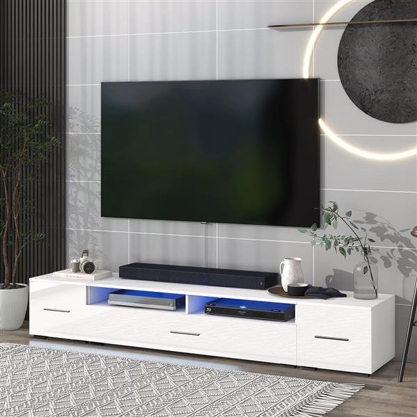 Extended, Minimalist Design TV stand with Color Changing LED Lights, Modern Universal Entertainment Center, High Gloss TV Cabinet for 90+ inch TV, Whi Extended, Minimalist Design TV stand with Color Changing LED Lights, Modern Universal Entertainment Center, High Gloss TV Cabinet for 90+ inch TV, Whi