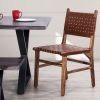 Upholstered Dining Chair Set of 2, Genuine Leather Woven Side Chair, Rustic Hardwood Frame, Brown