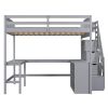 Full Size Loft Bed with Built-in L-Shaped Desk and Three-Tier Storage Shelves,and Attached Storage Staircase,Gray(Old SKU: GX001809AAE)