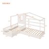 Wood House Bed Twin Size, 2 Twin Solid Bed L structure with fence and slatted frame, White