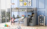 Full Size Loft Bed with Built-in L-Shaped Desk and Three-Tier Storage Shelves,and Attached Storage Staircase,Gray(Old SKU: GX001809AAE)