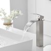 Brushed Nickel Waterfall Single-Handle Low-Arc Bathroom Faucet with Drain