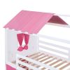 Twin Size Bunk Wood House Bed with Elegant Windows, Sills and Tent, Pink+White