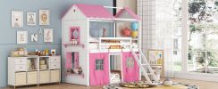 Twin Size Bunk Wood House Bed with Elegant Windows, Sills and Tent, Pink+White