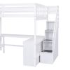 Full Size Loft Bed with Built-in L-Shaped Desk and Three-Tier Storage Shelves,and Attached Storage Staircase, White(Old SKU: GX001809AAK)