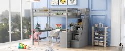 Full Size Loft Bed with Built-in L-Shaped Desk and Three-Tier Storage Shelves,and Attached Storage Staircase,Gray(Old SKU: GX001809AAE)