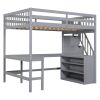 Full Size Loft Bed with Built-in L-Shaped Desk and Three-Tier Storage Shelves,and Attached Storage Staircase,Gray(Old SKU: GX001809AAE)