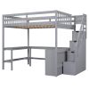Full Size Loft Bed with Built-in L-Shaped Desk and Three-Tier Storage Shelves,and Attached Storage Staircase,Gray(Old SKU: GX001809AAE)