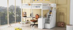 Full Size Loft Bed with Built-in L-Shaped Desk and Three-Tier Storage Shelves,and Attached Storage Staircase, White(Old SKU: GX001809AAK)
