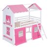 Twin Size Bunk Wood House Bed with Elegant Windows, Sills and Tent, Pink+White