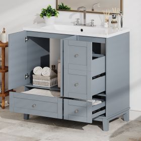 36" Modern Bathroom Vanity with USB Charging, Two Doors and Three Drawers Bathroom Storage Vanity Cabinet, Small Bathroom Vanity cabinet with single s (Material: Solid Wood+MDF+Resin, Color: Grey)